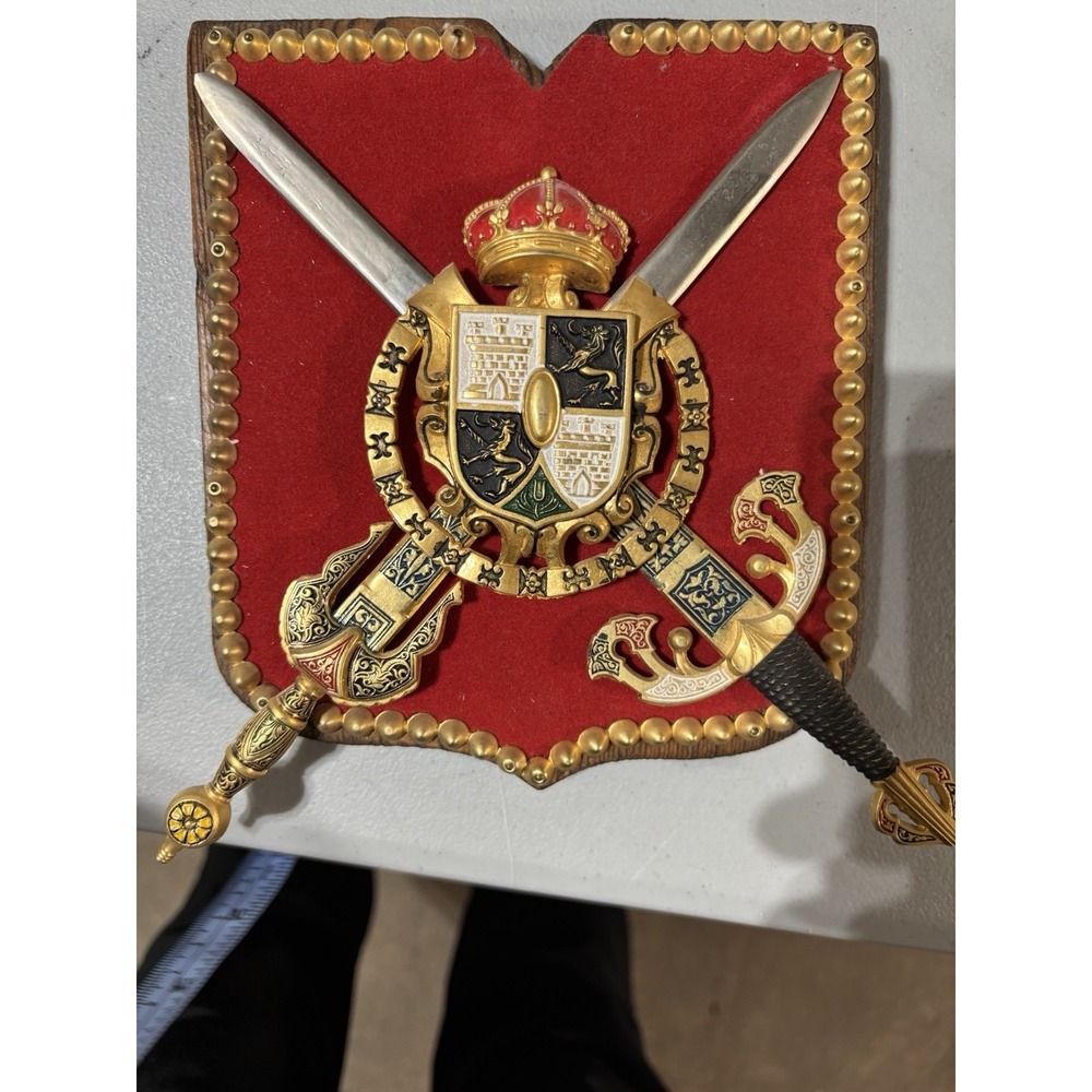 Vintage Metal Coat of Arms Shield Medieval Wall Decor Red Velvet Knight Spain